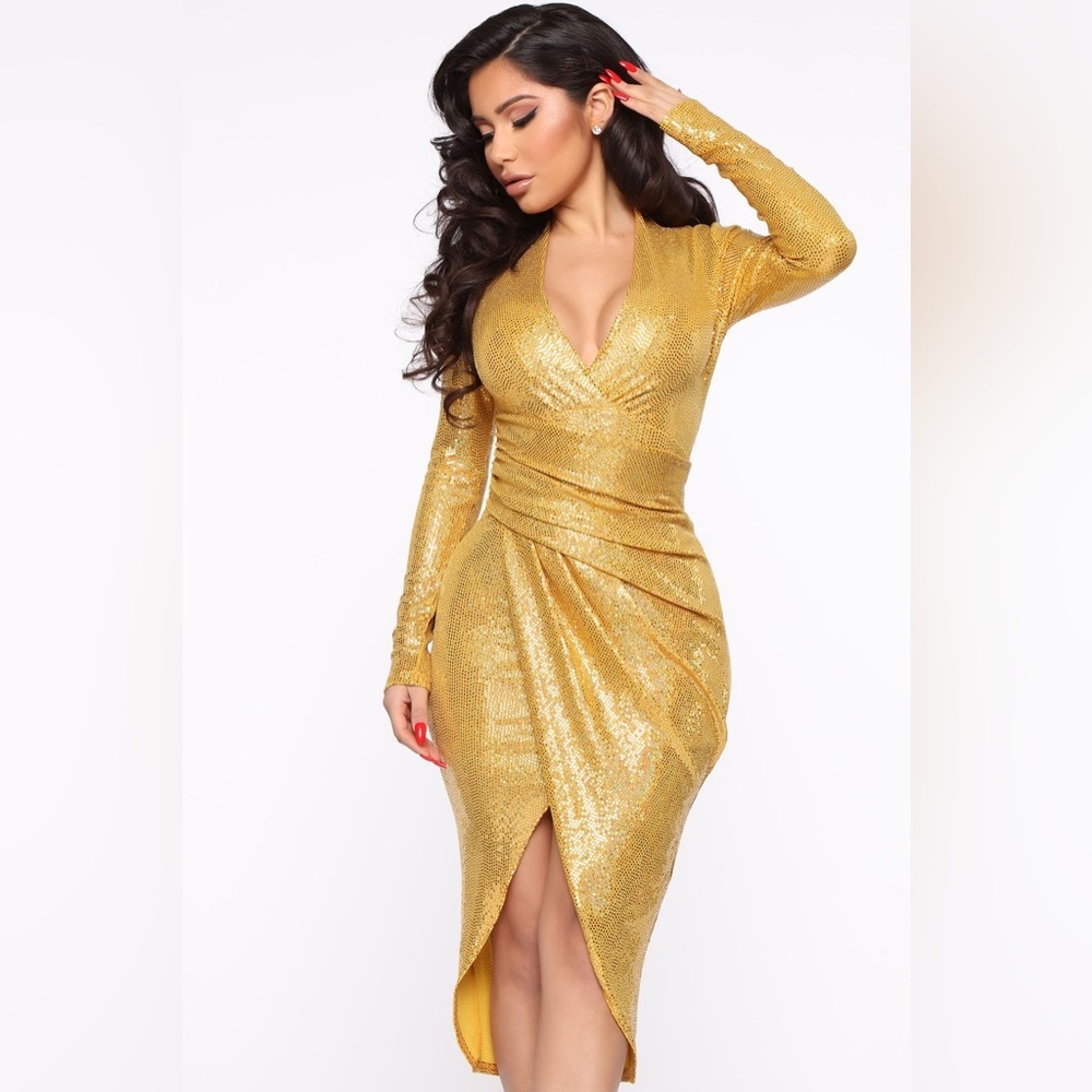 Fashion Nova Outshine Them All Sequin Midi Dress - Mustard Size S